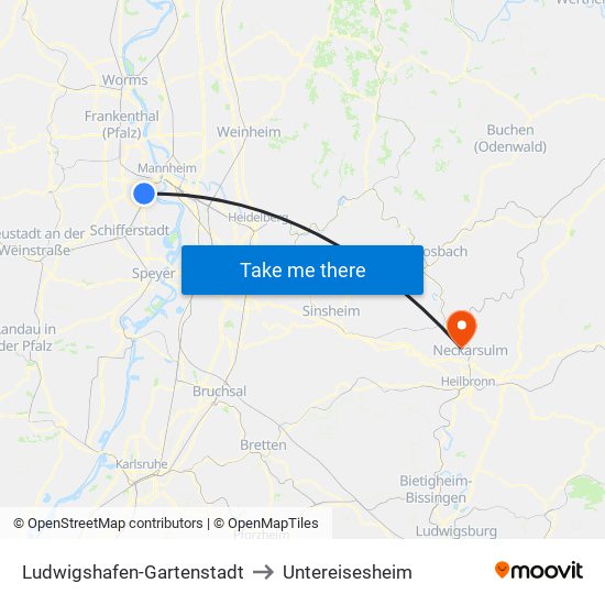 Ludwigshafen-Gartenstadt to Untereisesheim map