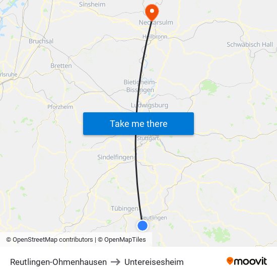 Reutlingen-Ohmenhausen to Untereisesheim map