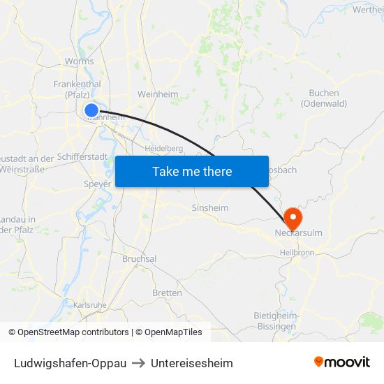 Ludwigshafen-Oppau to Untereisesheim map