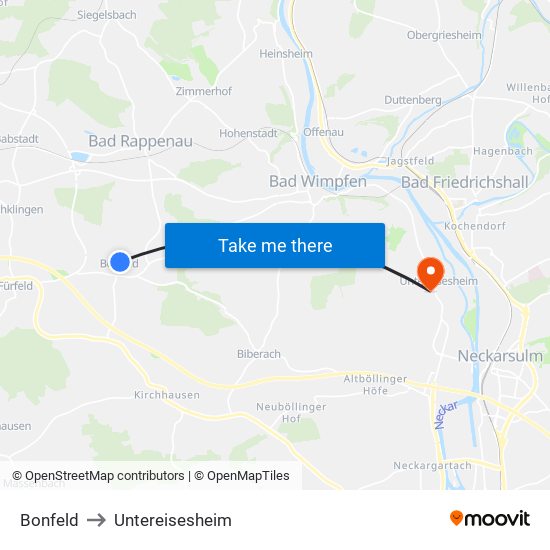 Bonfeld to Untereisesheim map