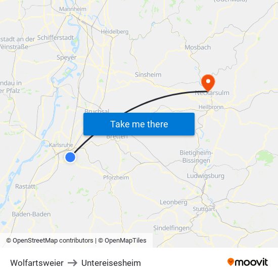 Wolfartsweier to Untereisesheim map