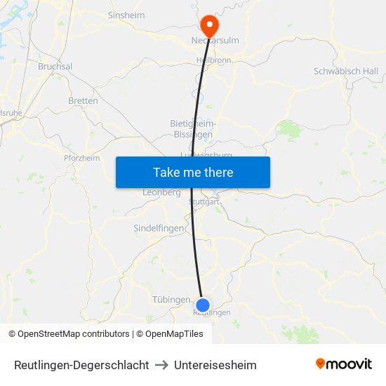 Reutlingen-Degerschlacht to Untereisesheim map