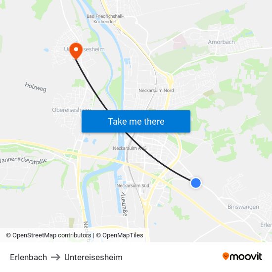 Erlenbach to Untereisesheim map