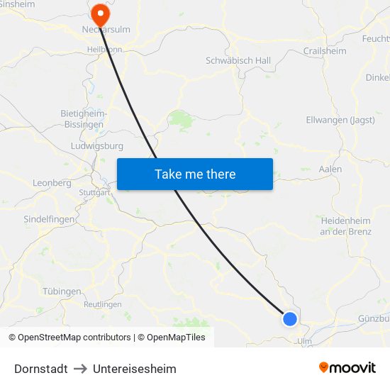 Dornstadt to Untereisesheim map