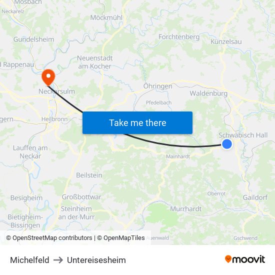 Michelfeld to Untereisesheim map