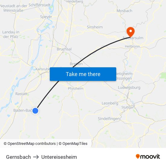 Gernsbach to Untereisesheim map