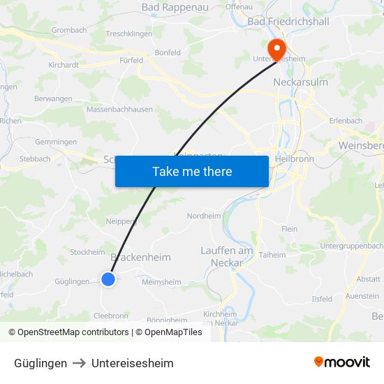 Güglingen to Untereisesheim map