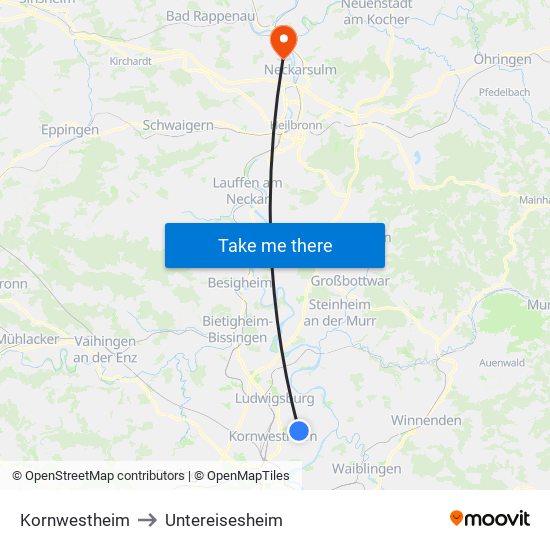 Kornwestheim to Untereisesheim map