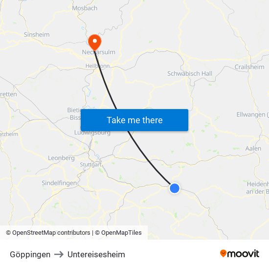 Göppingen to Untereisesheim map