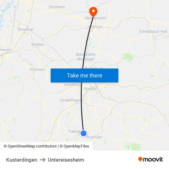 Kusterdingen to Untereisesheim map