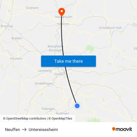 Neuffen to Untereisesheim map