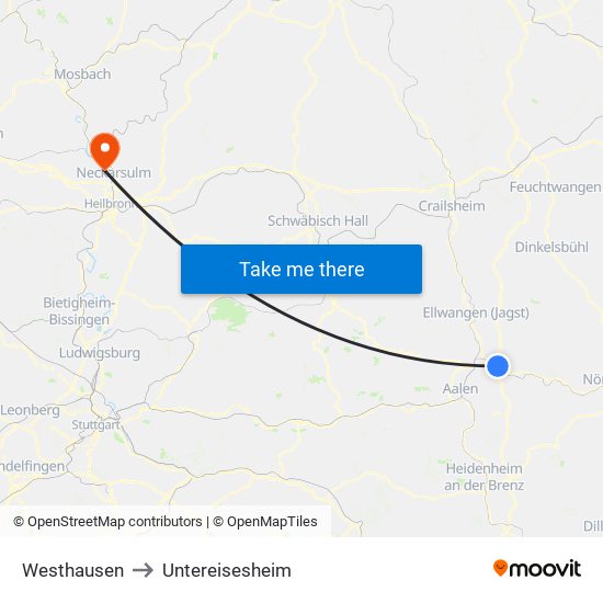Westhausen to Untereisesheim map