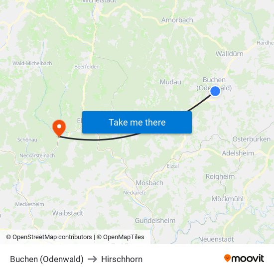 Buchen (Odenwald) to Hirschhorn map