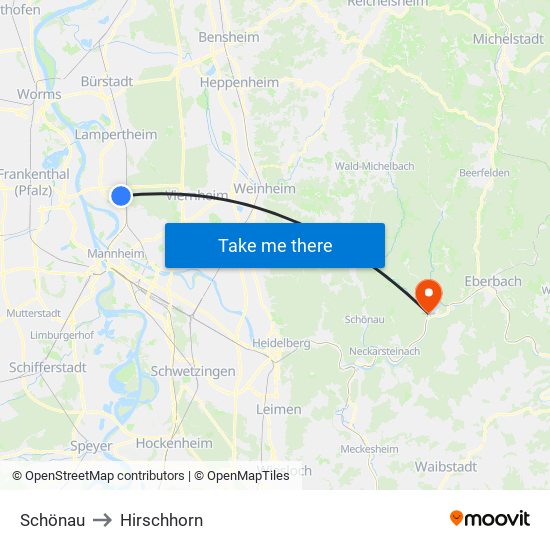 Schönau to Hirschhorn map