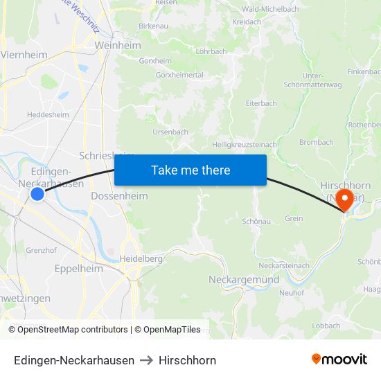 Edingen-Neckarhausen to Hirschhorn map