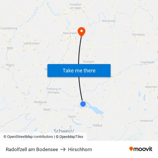 Radolfzell am Bodensee to Hirschhorn map