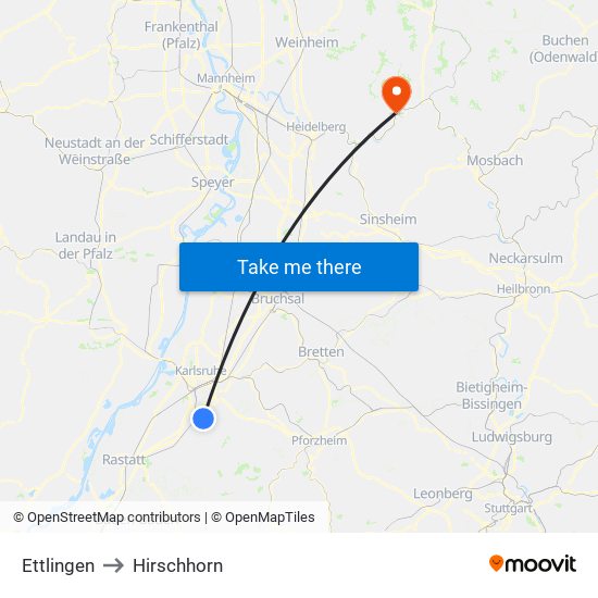 Ettlingen to Hirschhorn map