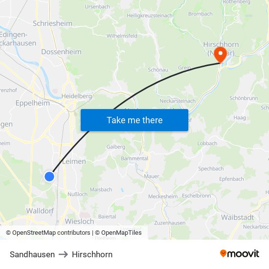 Sandhausen to Hirschhorn map