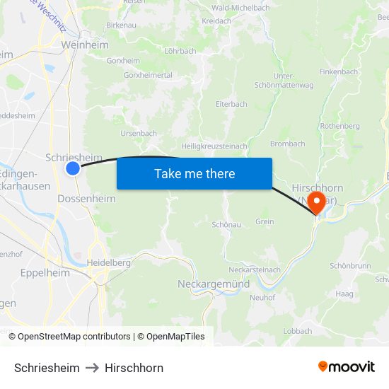 Schriesheim to Hirschhorn map