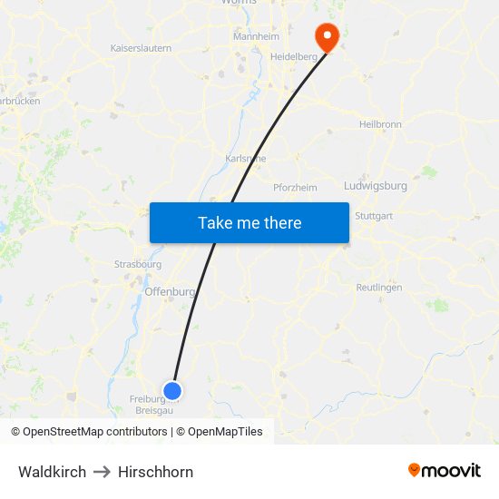 Waldkirch to Hirschhorn map