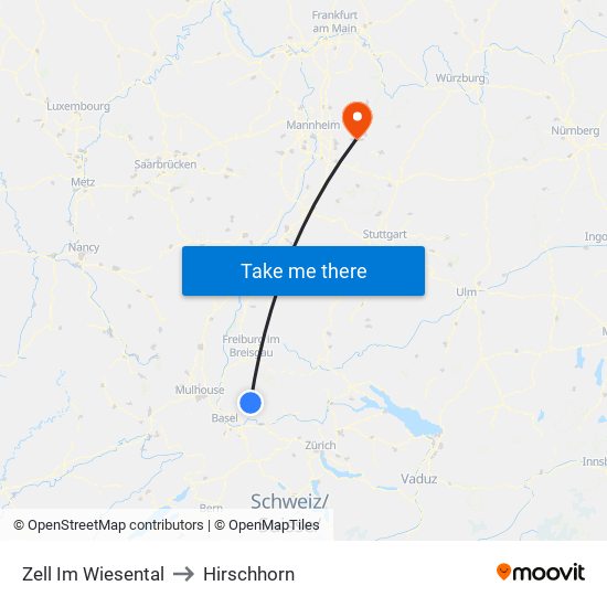 Zell Im Wiesental to Hirschhorn map