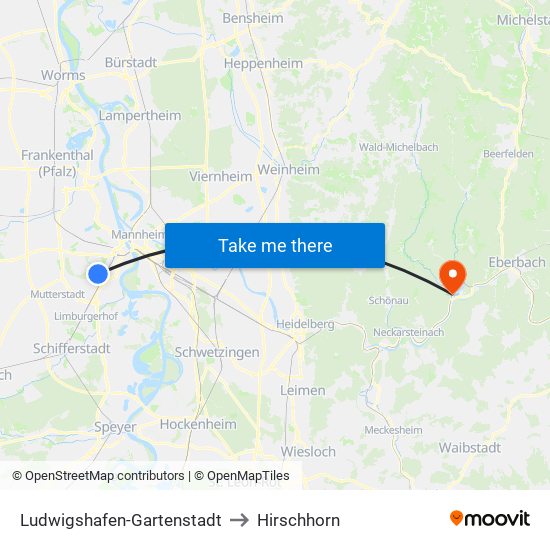 Ludwigshafen-Gartenstadt to Hirschhorn map