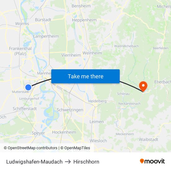 Ludwigshafen-Maudach to Hirschhorn map