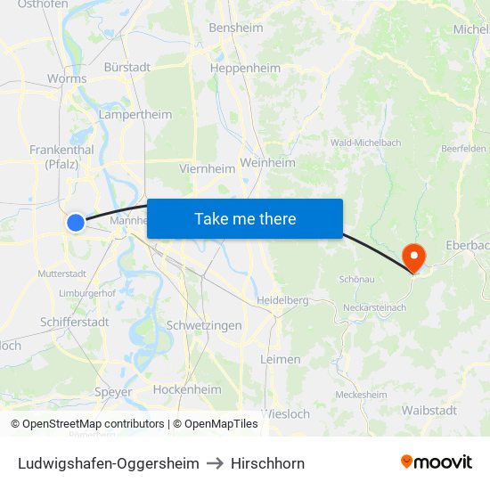 Ludwigshafen-Oggersheim to Hirschhorn map