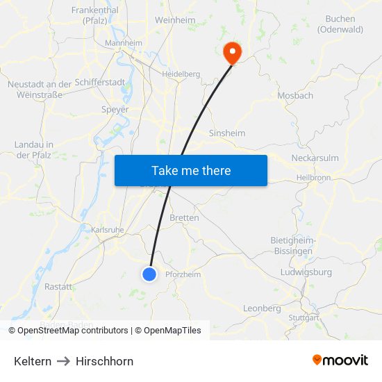 Keltern to Hirschhorn map