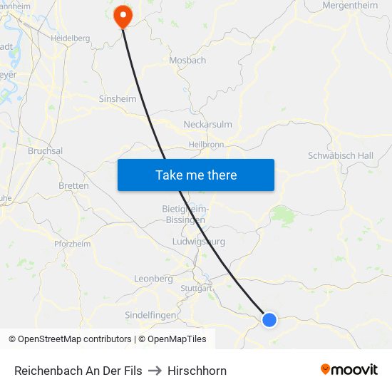 Reichenbach An Der Fils to Hirschhorn map