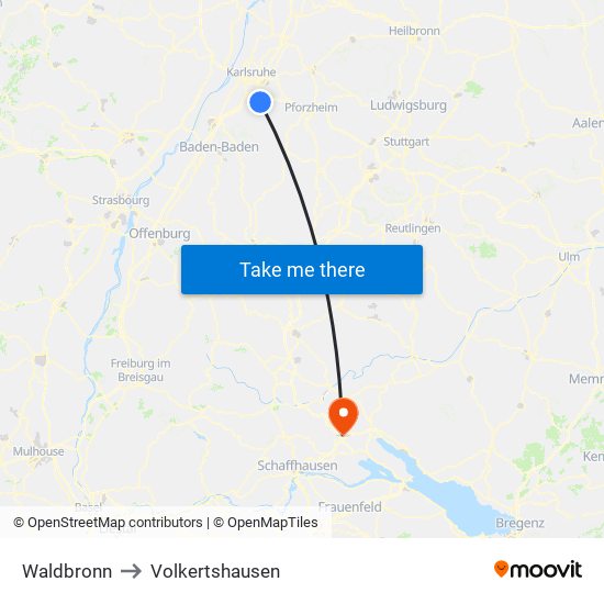 Waldbronn to Volkertshausen map