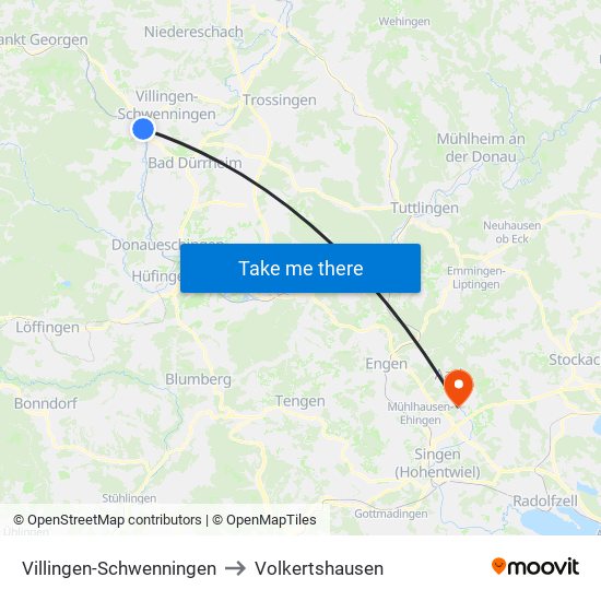 Villingen-Schwenningen to Volkertshausen map