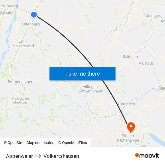 Appenweier to Volkertshausen map