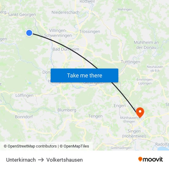 Unterkirnach to Volkertshausen map