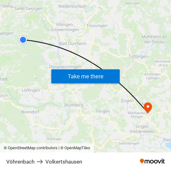 Vöhrenbach to Volkertshausen map