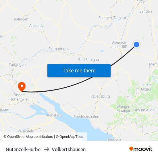 Gutenzell-Hürbel to Volkertshausen map