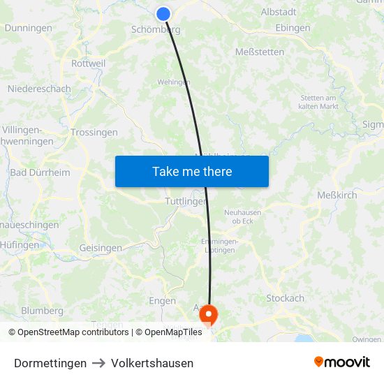 Dormettingen to Volkertshausen map