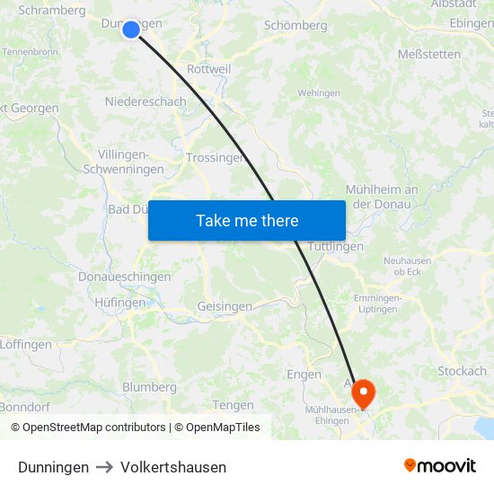 Dunningen to Volkertshausen map