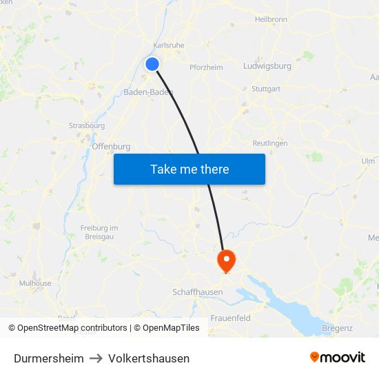 Durmersheim to Volkertshausen map