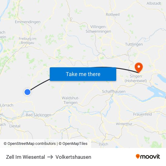 Zell Im Wiesental to Volkertshausen map