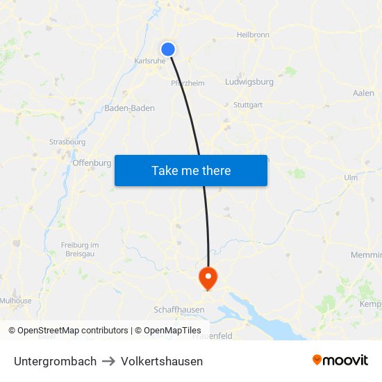 Untergrombach to Volkertshausen map