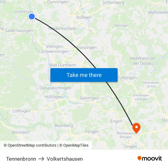 Tennenbronn to Volkertshausen map