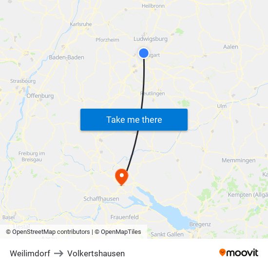 Weilimdorf to Volkertshausen map