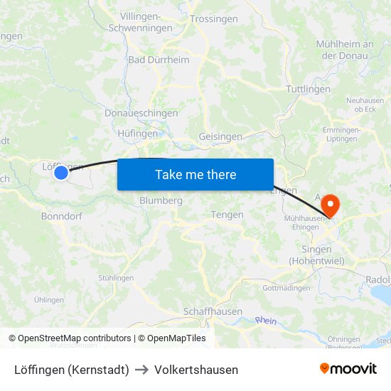 Löffingen (Kernstadt) to Volkertshausen map