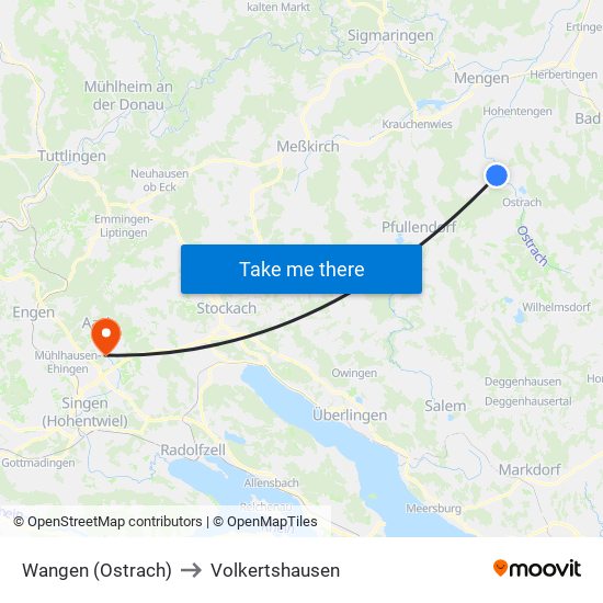 Wangen (Ostrach) to Volkertshausen map