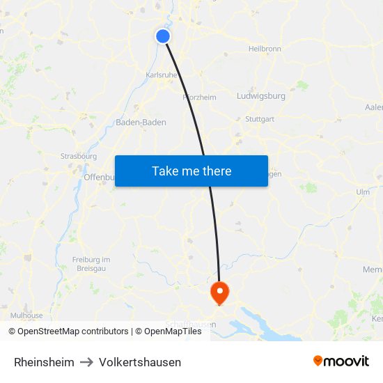 Rheinsheim to Volkertshausen map