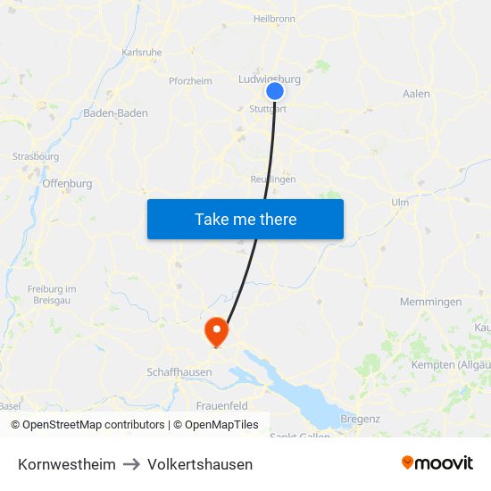 Kornwestheim to Volkertshausen map