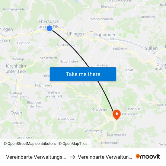 Vereinbarte Verwaltungsgemeinschaft Der Stadt Ebersbach An Der Fils to Vereinbarte Verwaltungsgemeinschaft Der Gemeinde Deggingen map