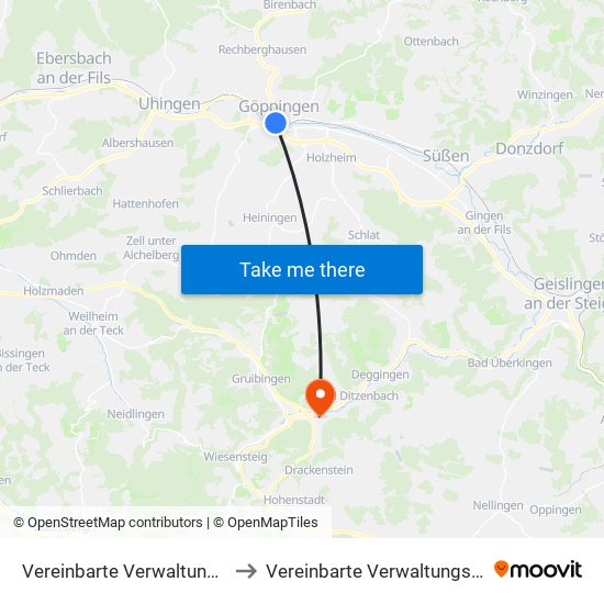 Vereinbarte Verwaltungsgemeinschaft Der Stadt Göppingen to Vereinbarte Verwaltungsgemeinschaft Der Gemeinde Deggingen map