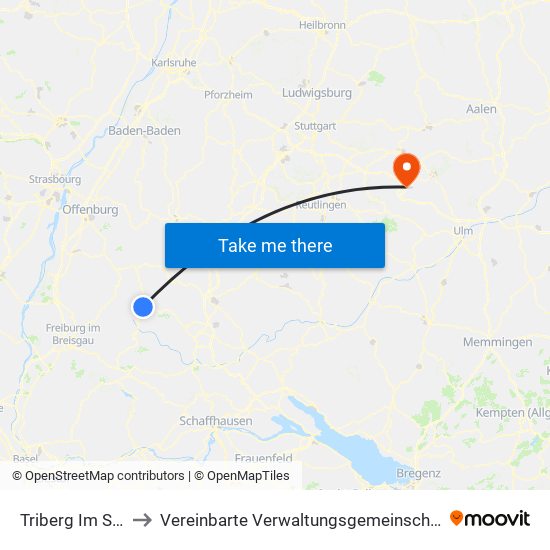 Triberg Im Schwarzwald to Vereinbarte Verwaltungsgemeinschaft Der Gemeinde Deggingen map